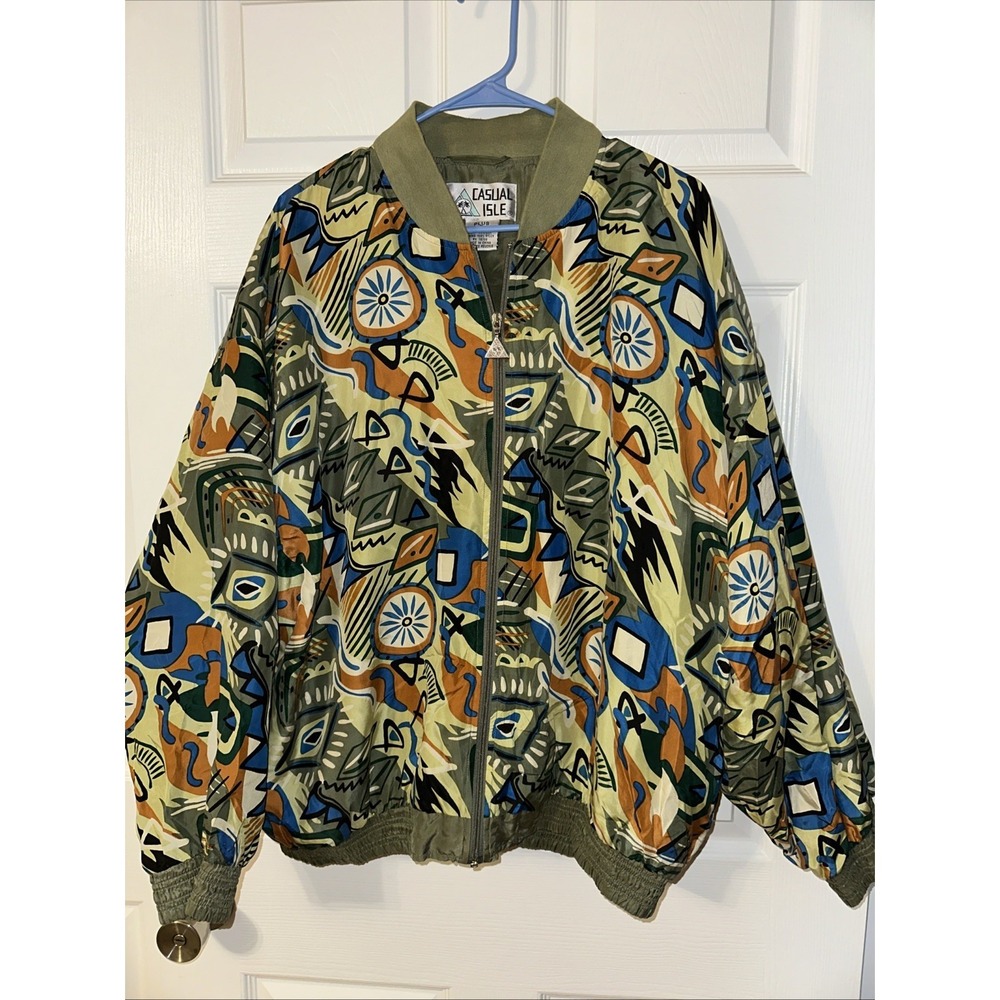 vtg Art Casual Isle Silk Jacket Womens 2XL Full Zip Graphic Print Abstract Green